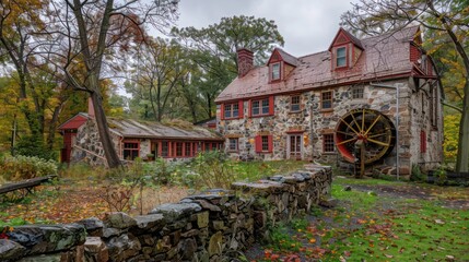 The old mill on the property of a Suburban Colonial home, restored and converted into a quaint bed and breakfast, complete with original stone walls and millworks