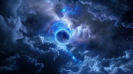 Fototapeta premium Cosmic scene with a planet surrounded by swirling clouds and bright stars, depicting an ethereal and mystical outer space atmosphere.