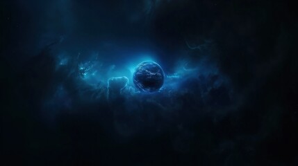 Fototapeta premium A digitally rendered image of a planet in a dark space environment with glowing blue nebula clouds surrounding it.