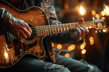 Obraz premium Close-up of musician's hands playing an acoustic guitar with warm bokeh lights in the background, capturing the essence of live music performance and artistic expressionguitar