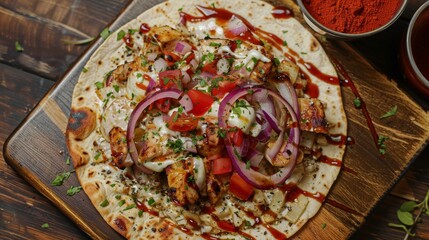 Grilled chicken and fresh vegetables salad tortilla .Healthy delicious breakfast or snack , top view. Flat lay.Outdoors Food Concept. High quality photo