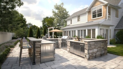The outdoor kitchen and bar area of a Suburban Colonial home, designed for entertaining with a built-in grill, refrigerator, and a bar with seating