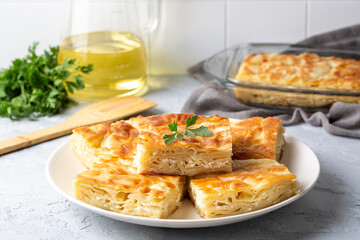 Delicious Turkish food; Tray pastry; (Turkish name; Su boregi)