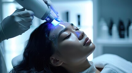 A high-tech hair and scalp care device being used on a model's head in a modern salon with soft ambient lighting.