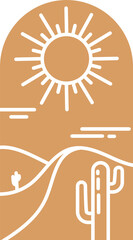 Desert boho logo with sun and mountains. Abstract bohemian illustration with cactus and minimal landscape. Arch and window. Design element for poster and decoration