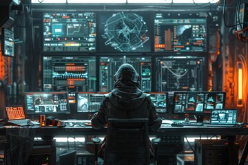 Futuristic Cybersecurity Operation Room with Data Analyst Monitoring Multiple Screens, Advanced Technology, and Complex Data NetworksFuturistic
