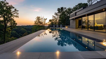 Fototapeta premium Suburban Modern home's infinity pool with a floating deck, integrated lighting, and views of the surrounding nature