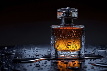 A studio shot of a perfume bottle with water droplets against a black background, conveying a sense of freshness and sophistication for an advertisement.