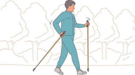Fototapeta premium Man uses nordic walking for walk in park and active lifestyle that improves well-being. Energetic guy is interested in nordic walking and takes 10,000 steps to slow down aging of body