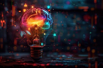 A colorful lightbulb merging with a brain and cyber security icons, symbolizing intelligence and protection in the digital age.