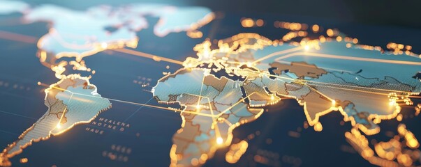 World map with highlighted trade routes and import hubs, representing global sales and international commerce