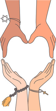 Interreligious harmony and friendship of different people together making heart shape sign from hands. Christian and muslim believers demonstrate desire for interreligious harmony and balance