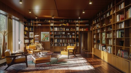 Obraz premium Step into a mid-century library with a timeless elegance, characterized by classic design elements, refined finishes, and luxurious fabrics. 