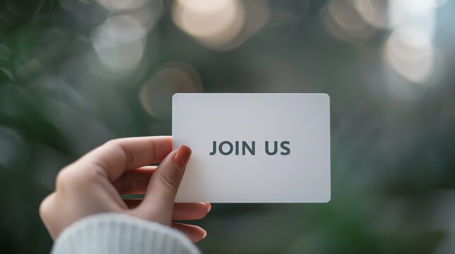Close-up of hand holding a card with 'Join Us' message, inviting participation or membership with a blurred green background.