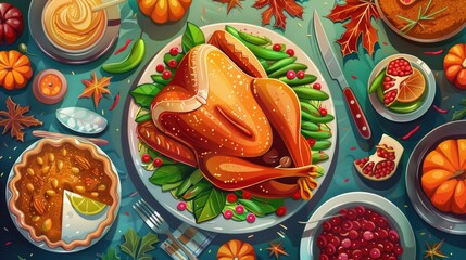 Thanksgiving dinner with turkey, beans, and oranges
