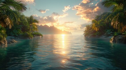 Fototapeta premium Scenic tropical island paradise with lush palm trees and serene crystal-clear waters at sunrise, featuring dramatic clouds and distant mountainstropical