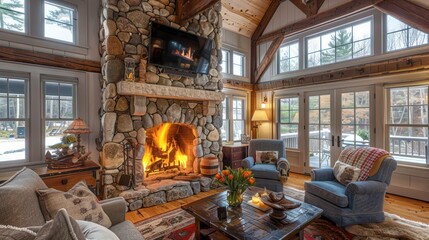 The rustic stone fireplace in a Suburban Cape Cod home's living room, creating a cozy gathering spot for chilly evenings