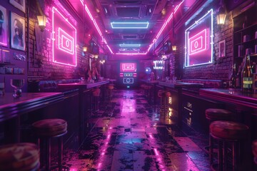 Vibrant Neon-Lit Bar Interior with Futuristic Cyberpunk Aesthetic, Featuring Fluorescent Signs, Atmospheric Lighting, and Distinctive Urban Decorneon