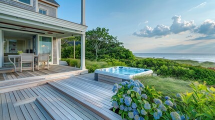 The seaside deck of a Suburban Cape Cod home, equipped with a built-in spa and framed by native dune grass and hydrangeas