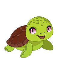 A cute baby tortoise with a smiling face, a green turtle