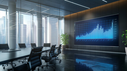 A high-tech office with a digital line graph on a wall display, showing a trend of financial performance exceeding targets.