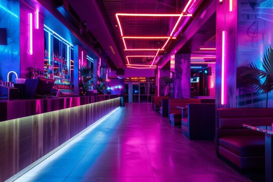 A trendy nightclub with neon lights and a dance floor.