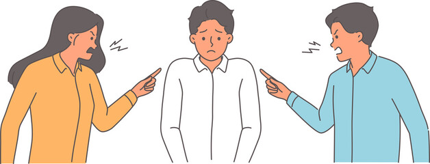 Two bosses scold subordinate who made mistake, and point finger at clerk in need of protection. Colleagues scold male manager for lack of productivity and poor work performance violating kpi