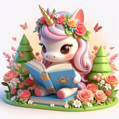 Cute Unicorn Reading Book Cartoon 3d Generative AI