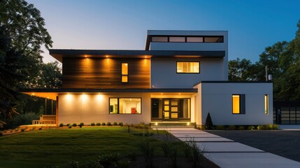 Obraz premium Suburban Modern home with a minimalist exterior, hidden lighting, and a focus on horizontal lines