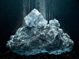 A crystal-clear ice cube, isolated on black, slowly melts into a cool, wet puddle