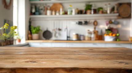 A sturdy oak table with natural imperfections, standing prominently against a softly focused kitchen background with vibrant, colorful dÃ©cor.