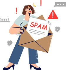 Spam letter in hands of woman who received email message containing virus and malware. Girl became victim of hacker sending spam to hack email account and gain unauthorized access to computer.