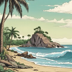 Naklejka premium beach and palm trees, beach with palms, beach with palm trees. a mountain beach with palm tree with ocean.