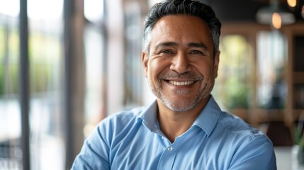 Fototapeta premium Smiling Man in Blue Shirt