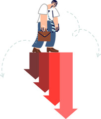 Crisis inflation causes increase in expenses for man walking along increasing negative schedule. Financial recession and inflation cause depression in bankrupt businessman in need of help