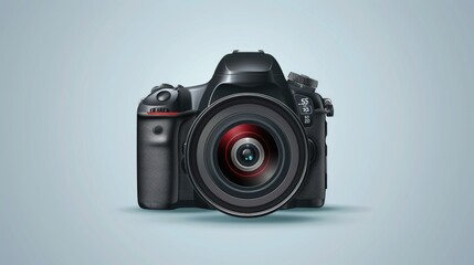 Digital camera with lens on blue background