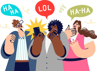 Laughing people watch video on mobile phone, enjoying jokes and anecdotes from stand-up comedian. Cheerful men and women laughing together after seeing funny meme on pages of internet forum