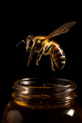 Super Sharp Macro Close-Up of Bee Hovering Over Golden Honey Jar