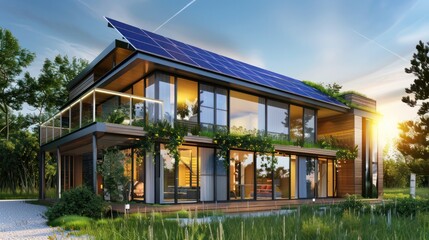 Fototapeta premium Suburban Modern home with a sustainable design featuring solar panels, a green roof, and energy-efficient windows