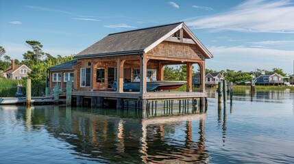 The waterfront boathouse of a Suburban Cape Cod home, designed in the style of a traditional fishing hut and offering direct access to water sports