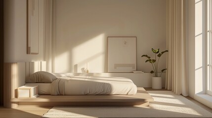 Step into a serene minimal bedroom background, featuring contemporary interior design elements such as clean lines, neutral colors, and uncluttered spaces. 