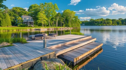Fototapeta premium The waterfront dock of a Suburban Cape Cod home, extending into a peaceful lake and featuring a built-in seating area for fishing or relaxing