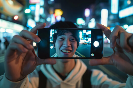 Night selfie of an asian guy in the city