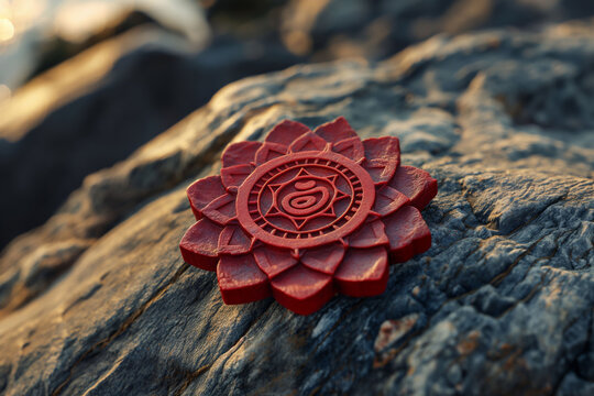 Red root chakra sculpture symbolizing spirituality meditation and healing on rock background mindfulness concept