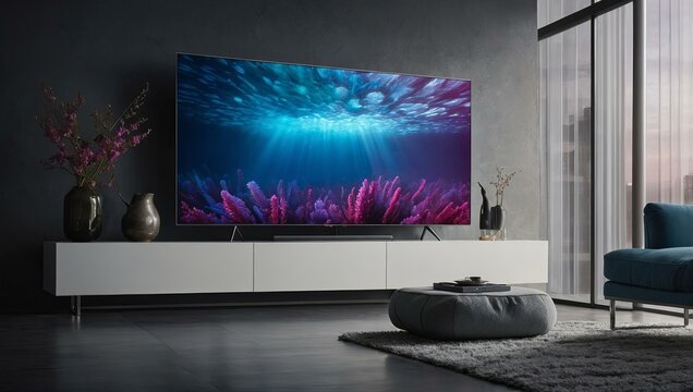 Modern living room with new smart TV and soft lighting. 3D Render interior design. Generative ai.
