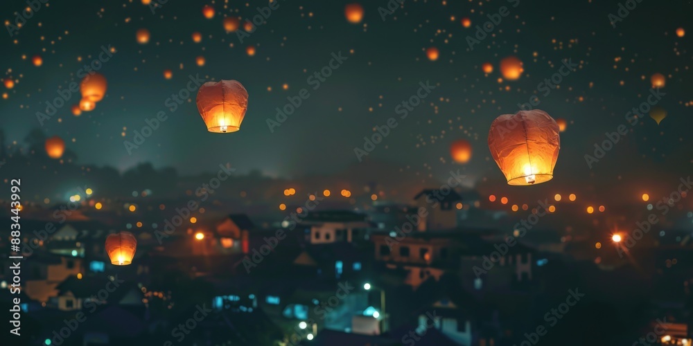 Wall mural lanterns flying over city at night