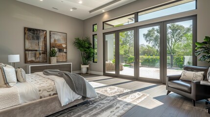 Suburban Modern master suite with sliding glass doors leading to a private patio and streamlined furniture