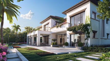 architectural rendering of a Mediterranean-style house with modern twists, including sleek lines and minimalist garden design