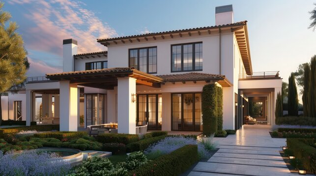 architectural rendering of a Mediterranean-style house with modern twists, including sleek lines and minimalist garden design