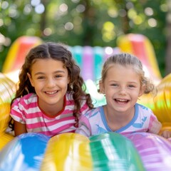 Two young girls are laughing and sliding down an inflatable bouncy castle on sunny day